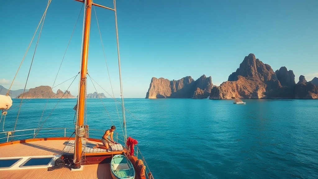 Crewed phinisi yacht on a fully private charter anchored in Komodo, Indonesia at golden hour